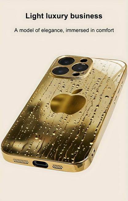 A Golden-Plated Phone Case with an Apple Pattern, Compatible with for iphone 16/16 Pro/16 Plus/16 Pro Max/15/15 Pro/15 Pro Max/14/14 Pro/14 Plus/14 Pro Max/13/13 Pro/13 Pro Max/13 Mini/12/11. It Features a Full-Cover Tempered
