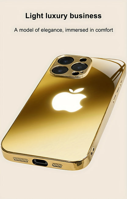 Premium Metal Texture Golden-Plated Apple Design Phone Case for iPhone 16/16 Pro/16 Plus/16 Pro Max/15/15 Pro/15 Pro Max/14/14 Pro/14 Plus/14 Pro Max/13/13 Pro/13 Pro Max/13 Mini/12/11, Full Coverage Tempered Glass Protection