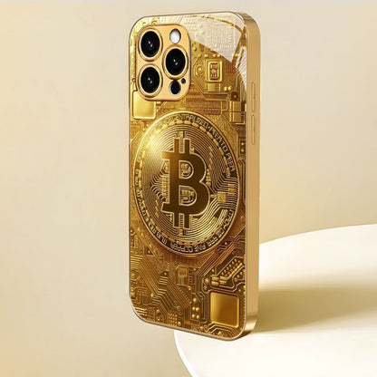 Creative Circuit Gold Bitcoin New Electroplated Gold Tempered Glass Phone Case for iPhone 16,15,14,13,12/iPhone 16,15,14,13,12 Plus/iPhone 16,15,14,13,12 Pro/iPhone 16,15,14,13,12 Pro Max/iPhone 11/11 Pro/11 Pro Max Full Cove