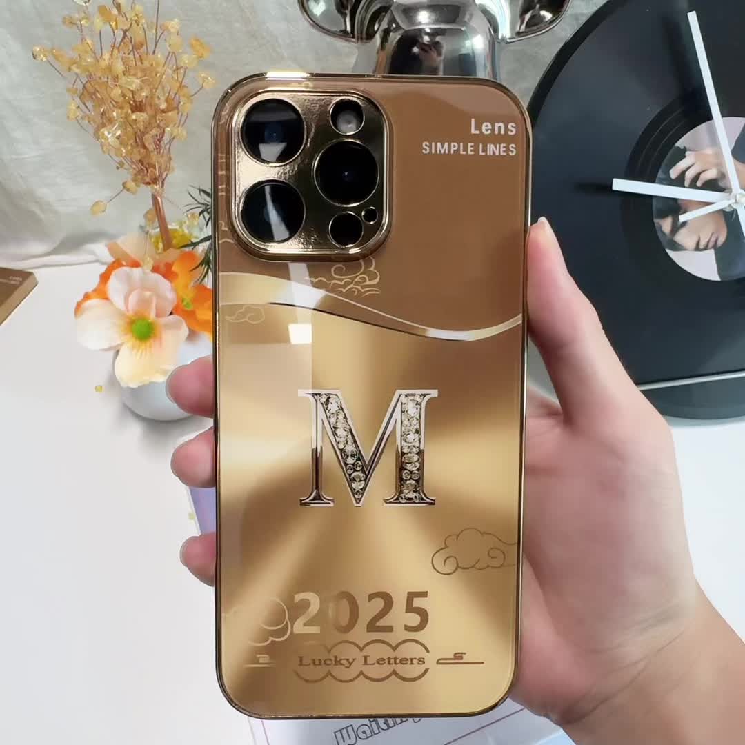 Light Luxury Fashion Auspicious Cloud Letter M Pattern Golden Plated Phone Case, Suitable for iPhone 16/16 Pro/16 Plus/16 Pro Max/15/15 Pro/15 Pro Max/14/14 Pro/14 Plus/14 Pro Max/13/13 Pro/13 Pro Max/13 Mini/12/11, Full Cove