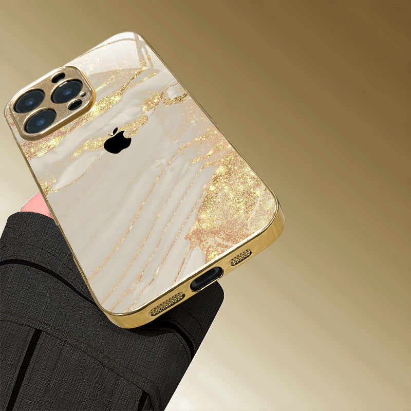 High-End Elegant Apple Pattern Electroplated Tempered Glass Phone Case for iPhone 16/16 Pro /15, etc, Fancy Phone Case, Premium Phone Accessory, Stylish Phone Cover, Sleek Phone Cover, Elegant Design, Uv Printed Design, Scrat