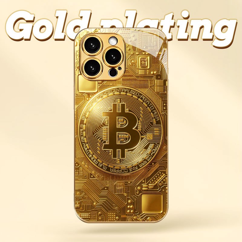 Creative Circuit Gold Bitcoin New Electroplated Gold Tempered Glass Phone Case for iPhone 16,15,14,13,12/iPhone 16,15,14,13,12 Plus/iPhone 16,15,14,13,12 Pro/iPhone 16,15,14,13,12 Pro Max/iPhone 11/11 Pro/11 Pro Max Full Cove