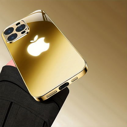 Premium Metal Texture Golden-Plated Apple Design Phone Case for iPhone 16/16 Pro/16 Plus/16 Pro Max/15/15 Pro/15 Pro Max/14/14 Pro/14 Plus/14 Pro Max/13/13 Pro/13 Pro Max/13 Mini/12/11, Full Coverage Tempered Glass Protection