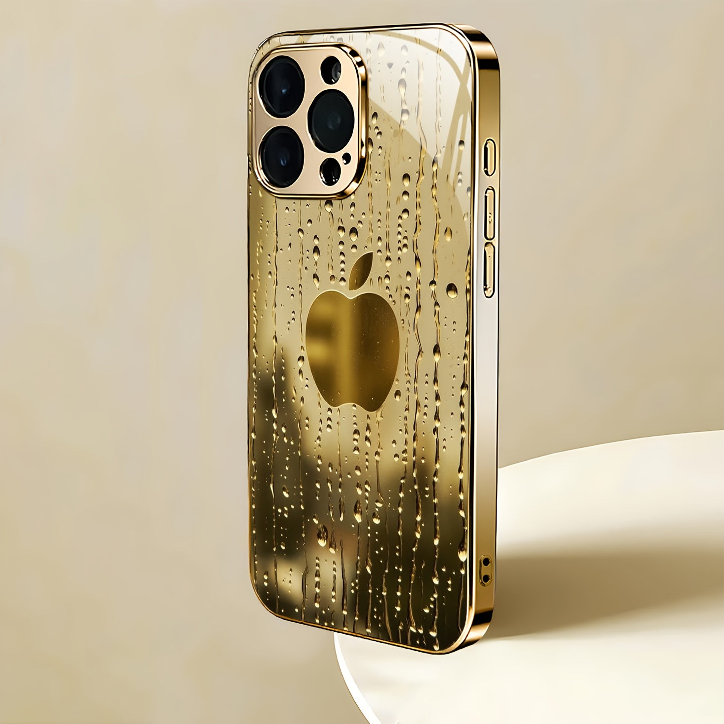 A Golden-Plated Phone Case with an Apple Pattern, Compatible with for iphone 16/16 Pro/16 Plus/16 Pro Max/15/15 Pro/15 Pro Max/14/14 Pro/14 Plus/14 Pro Max/13/13 Pro/13 Pro Max/13 Mini/12/11. It Features a Full-Cover Tempered