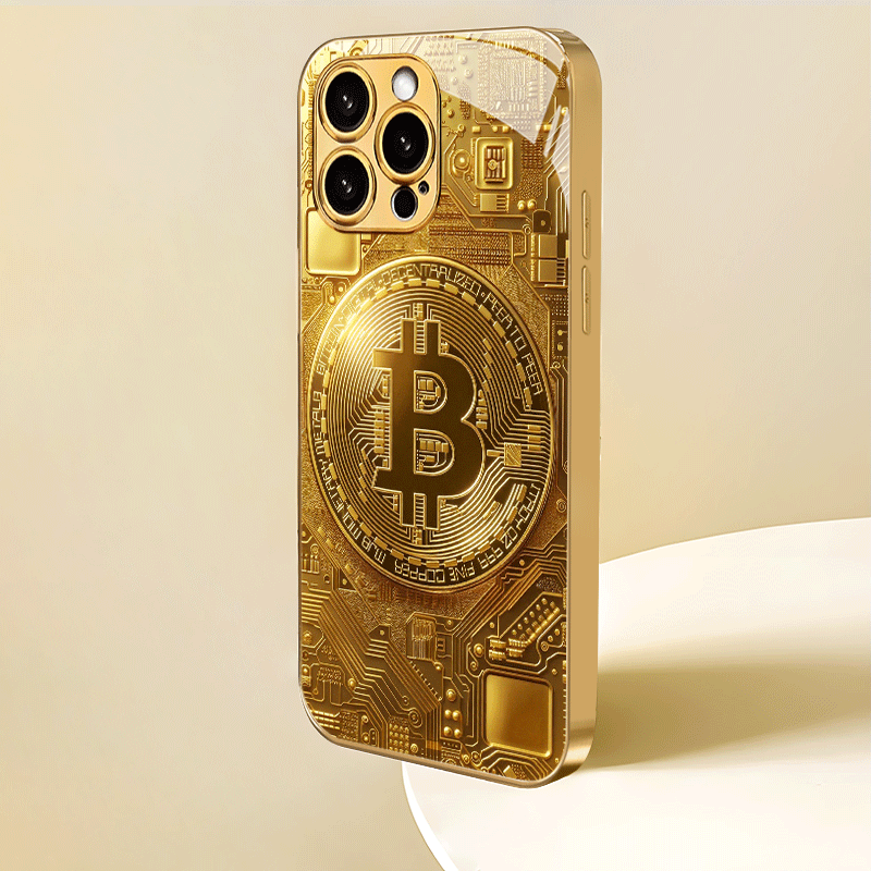 Creative Circuit Gold Bitcoin New Electroplated Gold Tempered Glass Phone Case for iPhone 16,15,14,13,12/iPhone 16,15,14,13,12 Plus/iPhone 16,15,14,13,12 Pro/iPhone 16,15,14,13,12 Pro Max/iPhone 11/11 Pro/11 Pro Max Full Cove