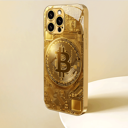 Creative Circuit Gold Bitcoin New Electroplated Gold Tempered Glass Phone Case for iPhone 16,15,14,13,12/iPhone 16,15,14,13,12 Plus/iPhone 16,15,14,13,12 Pro/iPhone 16,15,14,13,12 Pro Max/iPhone 11/11 Pro/11 Pro Max Full Cove