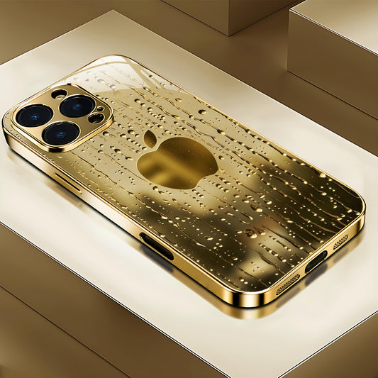 A Golden-Plated Phone Case with an Apple Pattern, Compatible with for iphone 16/16 Pro/16 Plus/16 Pro Max/15/15 Pro/15 Pro Max/14/14 Pro/14 Plus/14 Pro Max/13/13 Pro/13 Pro Max/13 Mini/12/11. It Features a Full-Cover Tempered