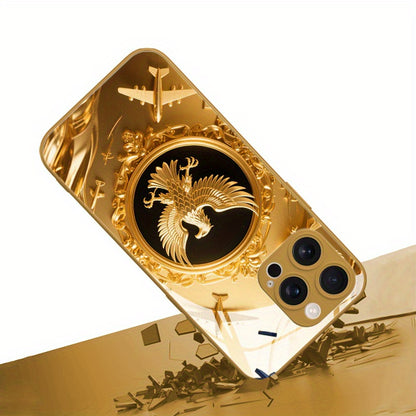 A High-End Glass Phone Case Featuring a Collage of a Golden Eagle And Airplane, Compatible with for iphone 16 Pro Max/16E/15 Pro/14 Plus/13 Pro Max/12/11 Pro. It'S Trendy, Stylish, Visually Appealing, And Offers a Premium