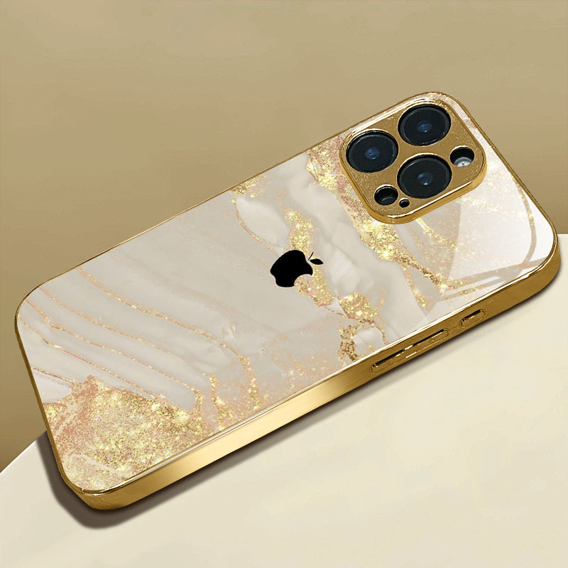 High-End Elegant Apple Pattern Electroplated Tempered Glass Phone Case for iPhone 16/16 Pro /15, etc, Fancy Phone Case, Premium Phone Accessory, Stylish Phone Cover, Sleek Phone Cover, Elegant Design, Uv Printed Design, Scrat