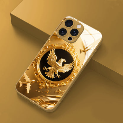 A High-End Glass Phone Case Featuring a Collage of a Golden Eagle And Airplane, Compatible with for iphone 16 Pro Max/16E/15 Pro/14 Plus/13 Pro Max/12/11 Pro. It'S Trendy, Stylish, Visually Appealing, And Offers a Premium