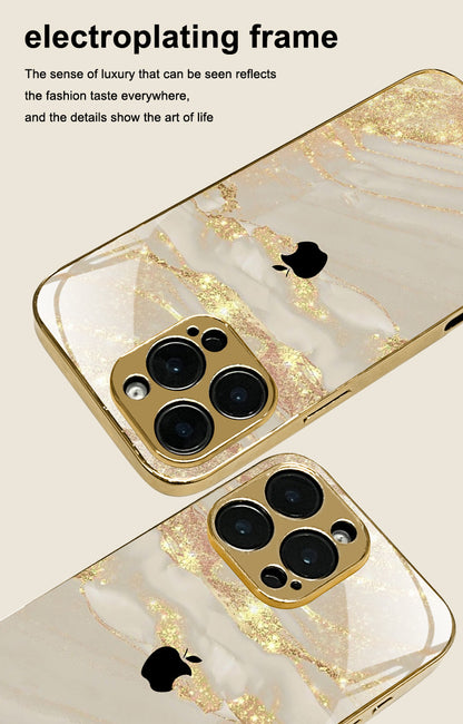 High-End Elegant Apple Pattern Electroplated Tempered Glass Phone Case for iPhone 16/16 Pro /15, etc, Fancy Phone Case, Premium Phone Accessory, Stylish Phone Cover, Sleek Phone Cover, Elegant Design, Uv Printed Design, Scrat