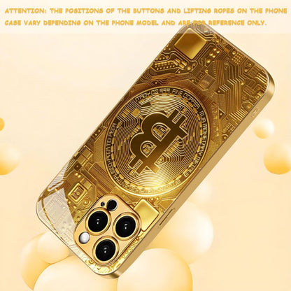 Creative Circuit Gold Bitcoin New Electroplated Gold Tempered Glass Phone Case for iPhone 16,15,14,13,12/iPhone 16,15,14,13,12 Plus/iPhone 16,15,14,13,12 Pro/iPhone 16,15,14,13,12 Pro Max/iPhone 11/11 Pro/11 Pro Max Full Cove