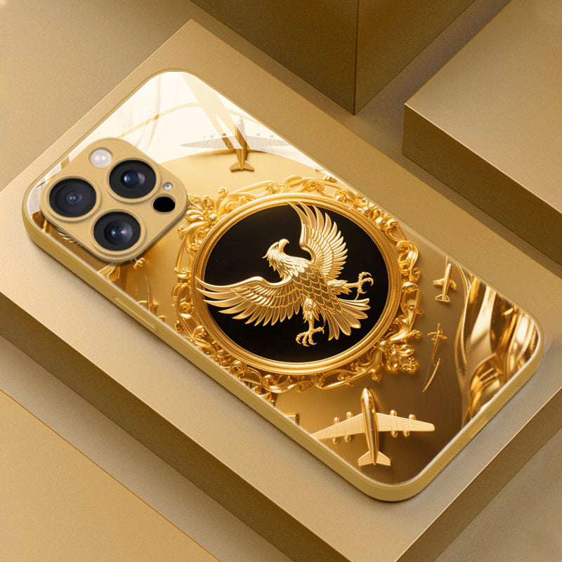 A High-End Glass Phone Case Featuring a Collage of a Golden Eagle And Airplane, Compatible with for iphone 16 Pro Max/16E/15 Pro/14 Plus/13 Pro Max/12/11 Pro. It'S Trendy, Stylish, Visually Appealing, And Offers a Premium