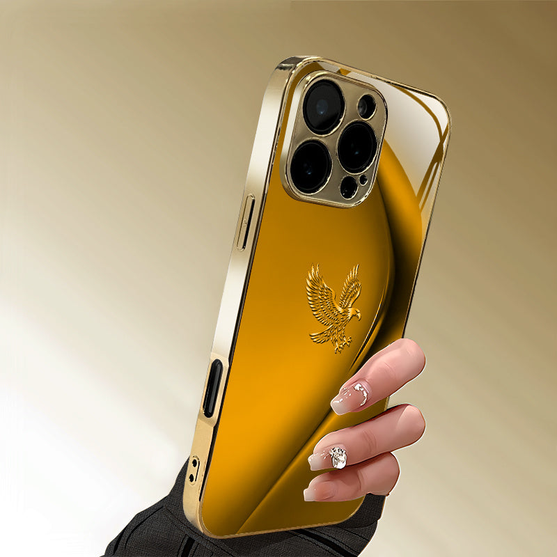Simple Lines Eagle Pattern Golden Electroplated Mobile Phone Case, Suitable for Iphone 16/16 Pro/16 Plus/16 Pro Max/15/15 Pro/15 Pro Max/14/14 Pro/14 PLUS/14 Pro Max/13/13 Pro/13 Pro Max/13 Mini/12/11, Full Coverage Tempered